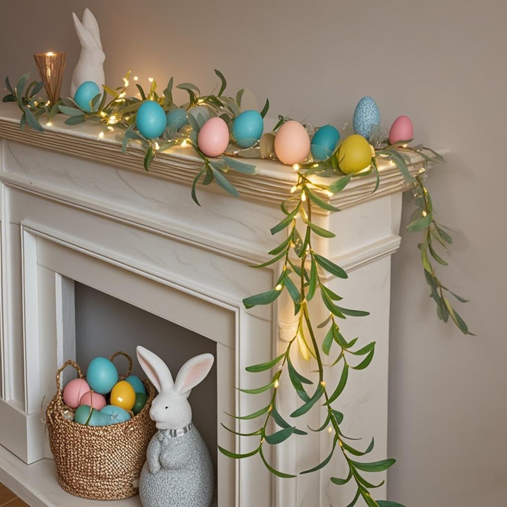 Hairui Lighted Artificial Eucalyptus Garland 6FT 96 LED Battery Operated Faux Vine Lights with Timer for Spring Wedding Backdrop Wall Decor