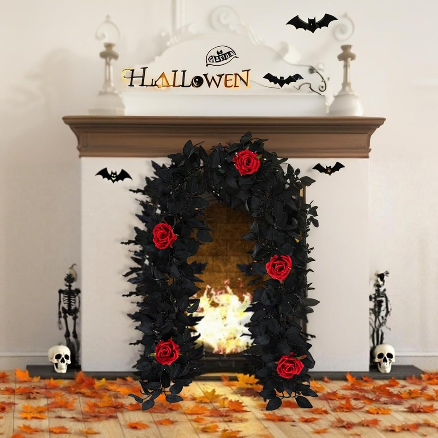 2Pcs Halloween Garlands 5.7ft Artificial Rose Garland with Black Vines Hanging Vine Halloween Decorations for Table Room Party Wall Decor.