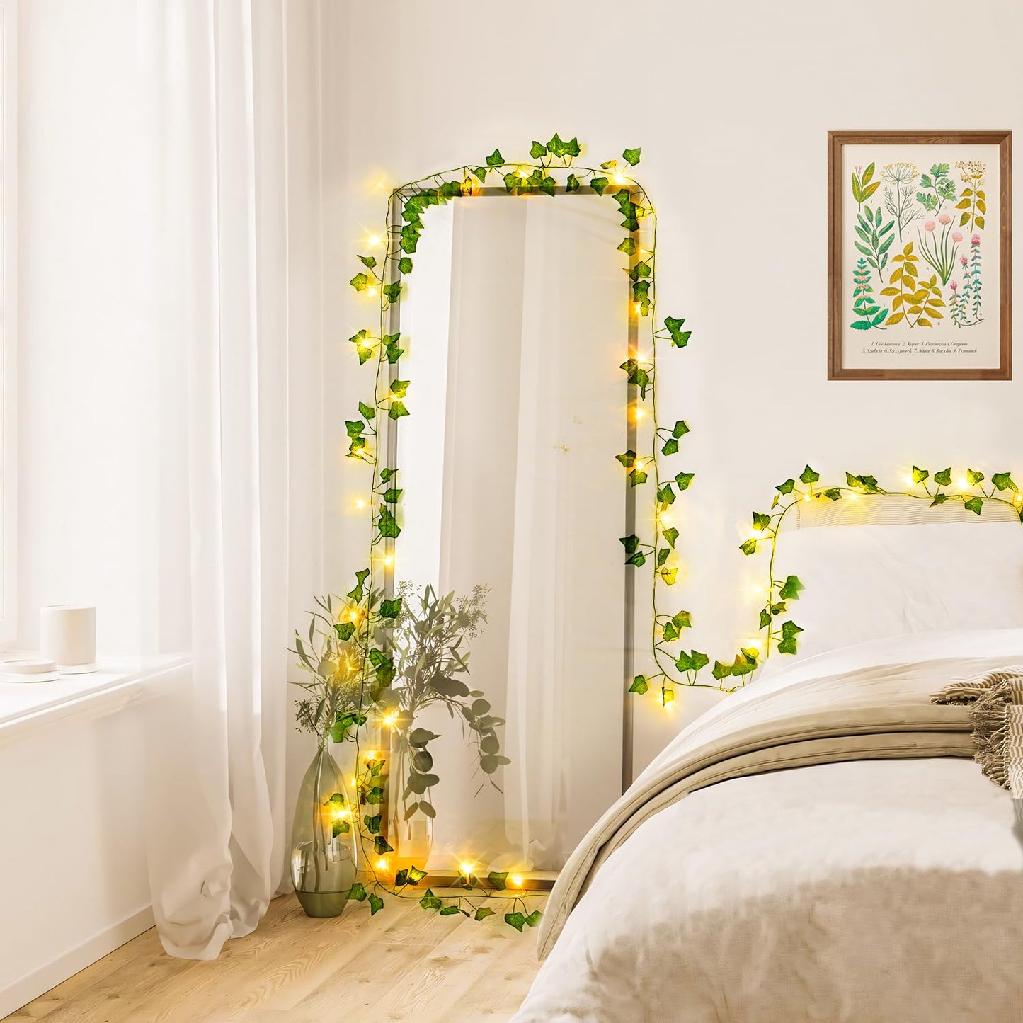 JMEXSUSS 33Ft Vines with Lights Battery Operated, 100 LED Pothos Leaf Vine Lights for Bedroom Wall Room Party Wedding Decoration (Warm White)
