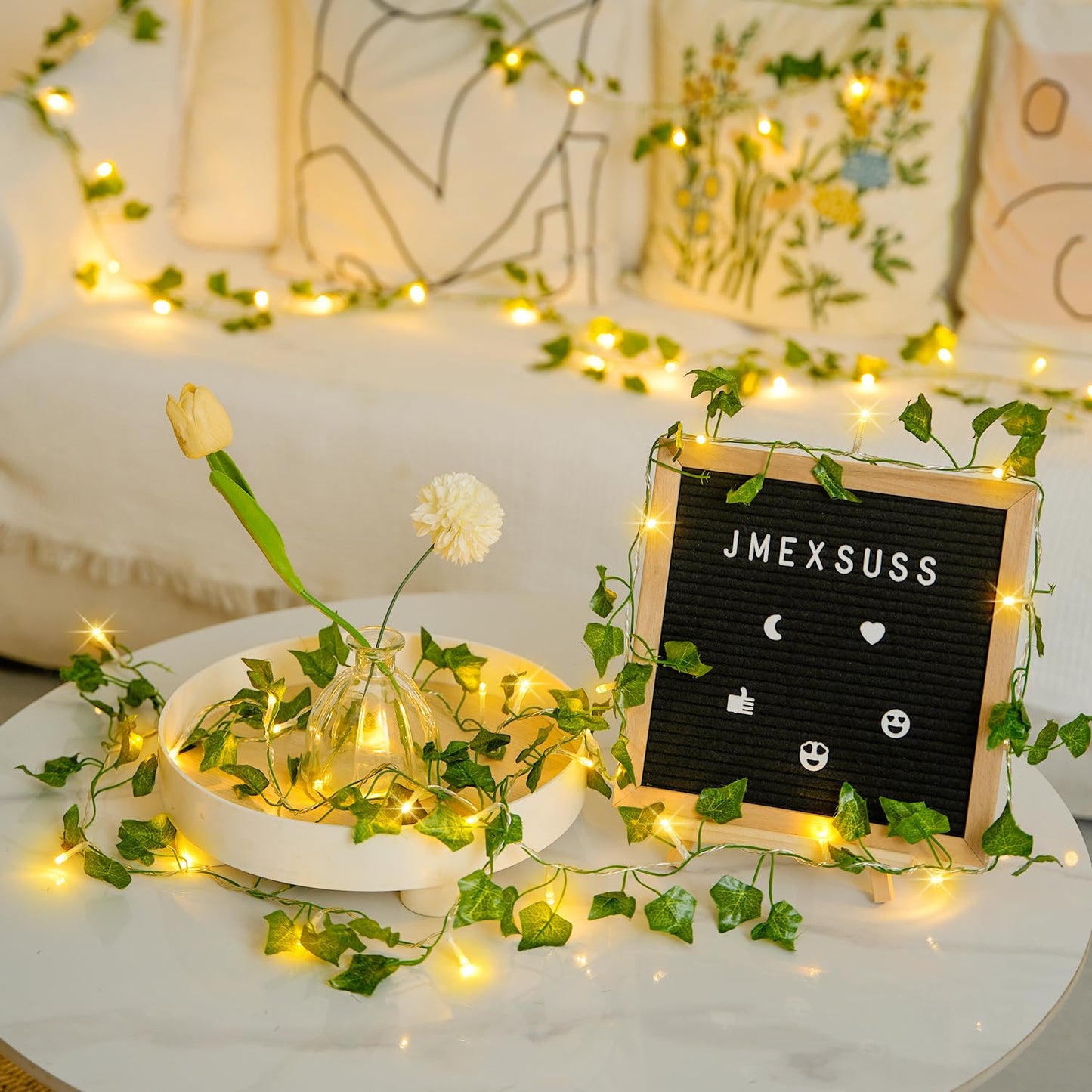 JMEXSUSS 33Ft Vines with Lights Battery Operated, 100 LED Pothos Leaf Vine Lights for Bedroom Wall Room Party Wedding Decoration (Warm White)