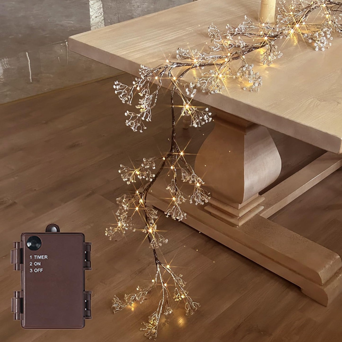 Hairui Lighted Artificial Eucalyptus Garland 6FT 96 LED Battery Operated Faux Vine Lights with Timer for Spring Wedding Backdrop Wall Decor