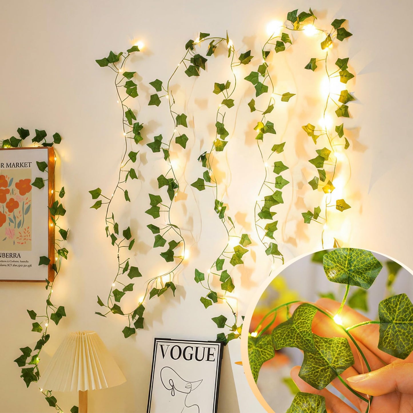 KASZOO 33ft 100 LED Vine with Fairy Lights with Remote, Fake Vines String Lights Battery/USB Operated, Ivy Garland, Leaf Lights for Bedroom Garden Party Wall Room Decor