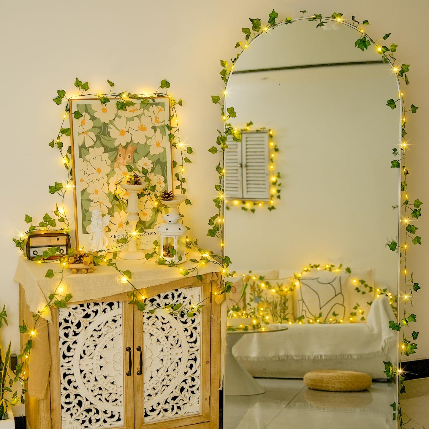 JMEXSUSS 33Ft Vines with Lights Battery Operated, 100 LED Pothos Leaf Vine Lights for Bedroom Wall Room Party Wedding Decoration (Warm White)