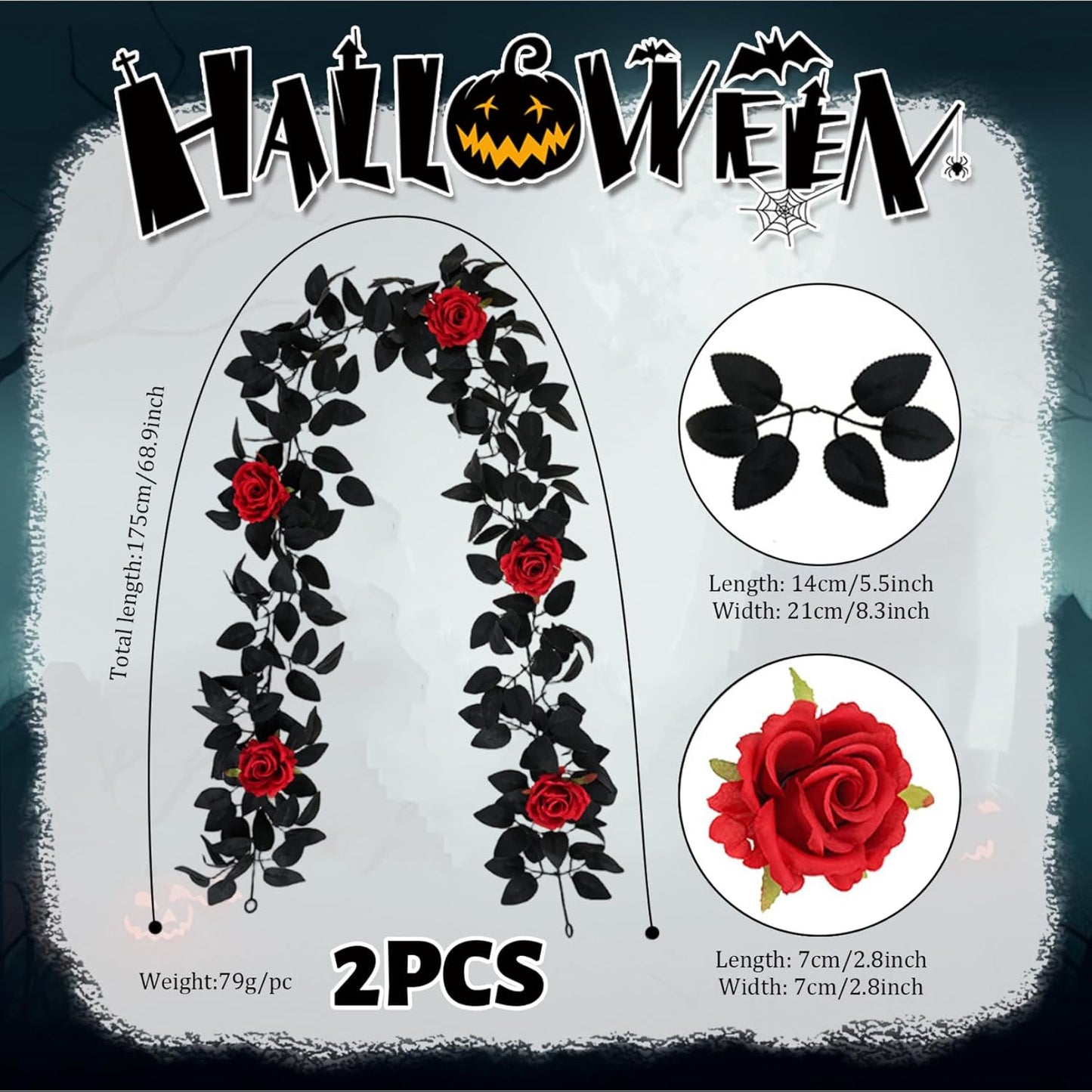 2Pcs Halloween Garlands 5.7ft Artificial Rose Garland with Black Vines Hanging Vine Halloween Decorations for Table Room Party Wall Decor.