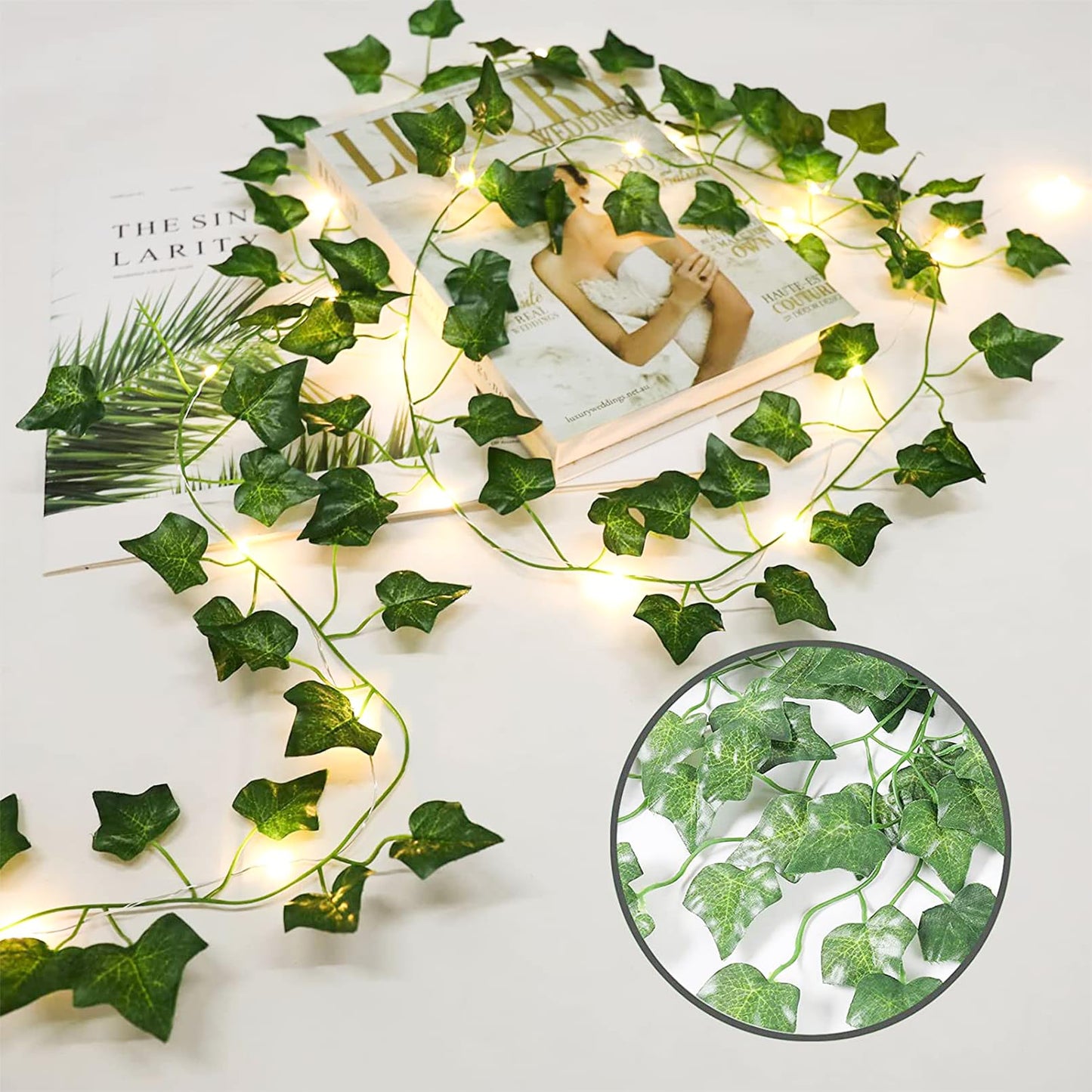 33 Ft Vine with Pothos String Lights Battery Operated, 8 Flashing Model Waterproof 100 LEDs Artifical Ivy Leaves Vine String Light for Garland Bedroom Wedding Party Holiday Patio Decor