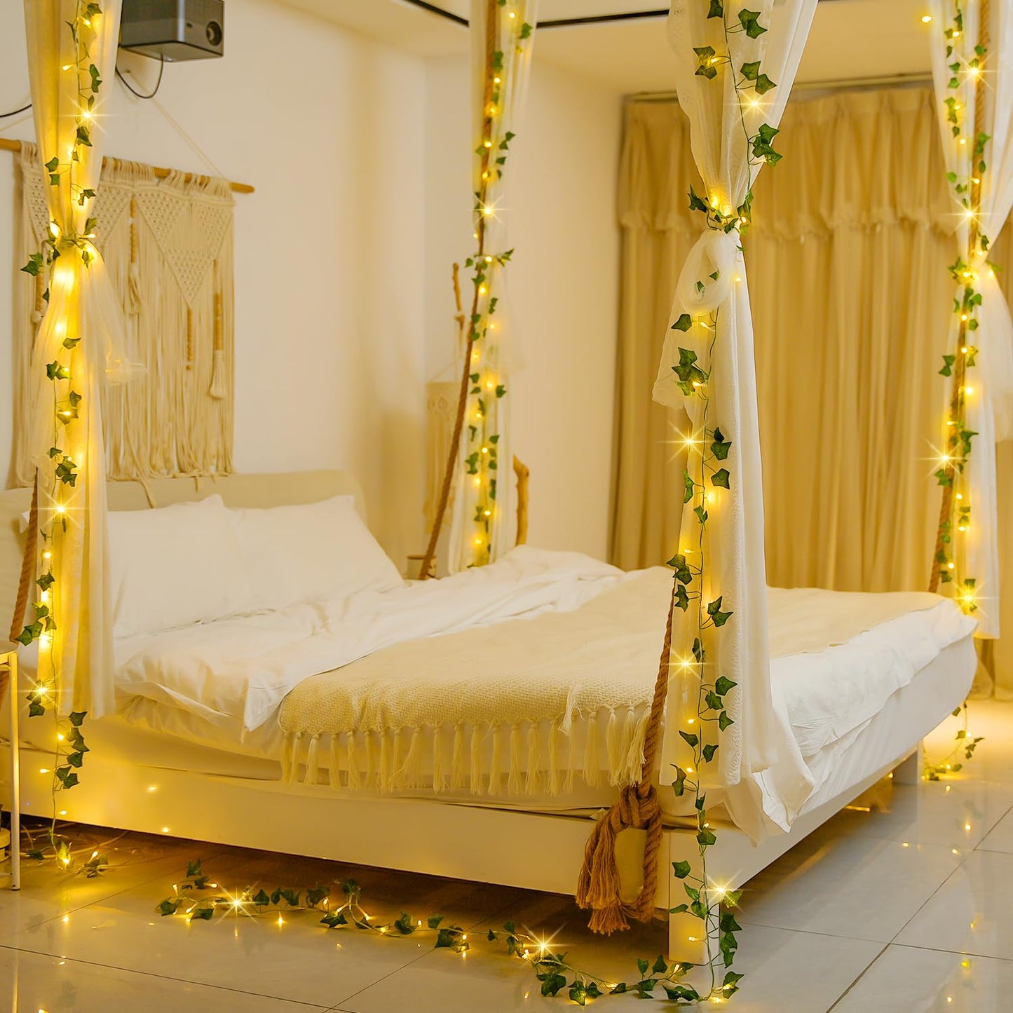 JMEXSUSS 33Ft Vines with Lights Battery Operated, 100 LED Pothos Leaf Vine Lights for Bedroom Wall Room Party Wedding Decoration (Warm White)