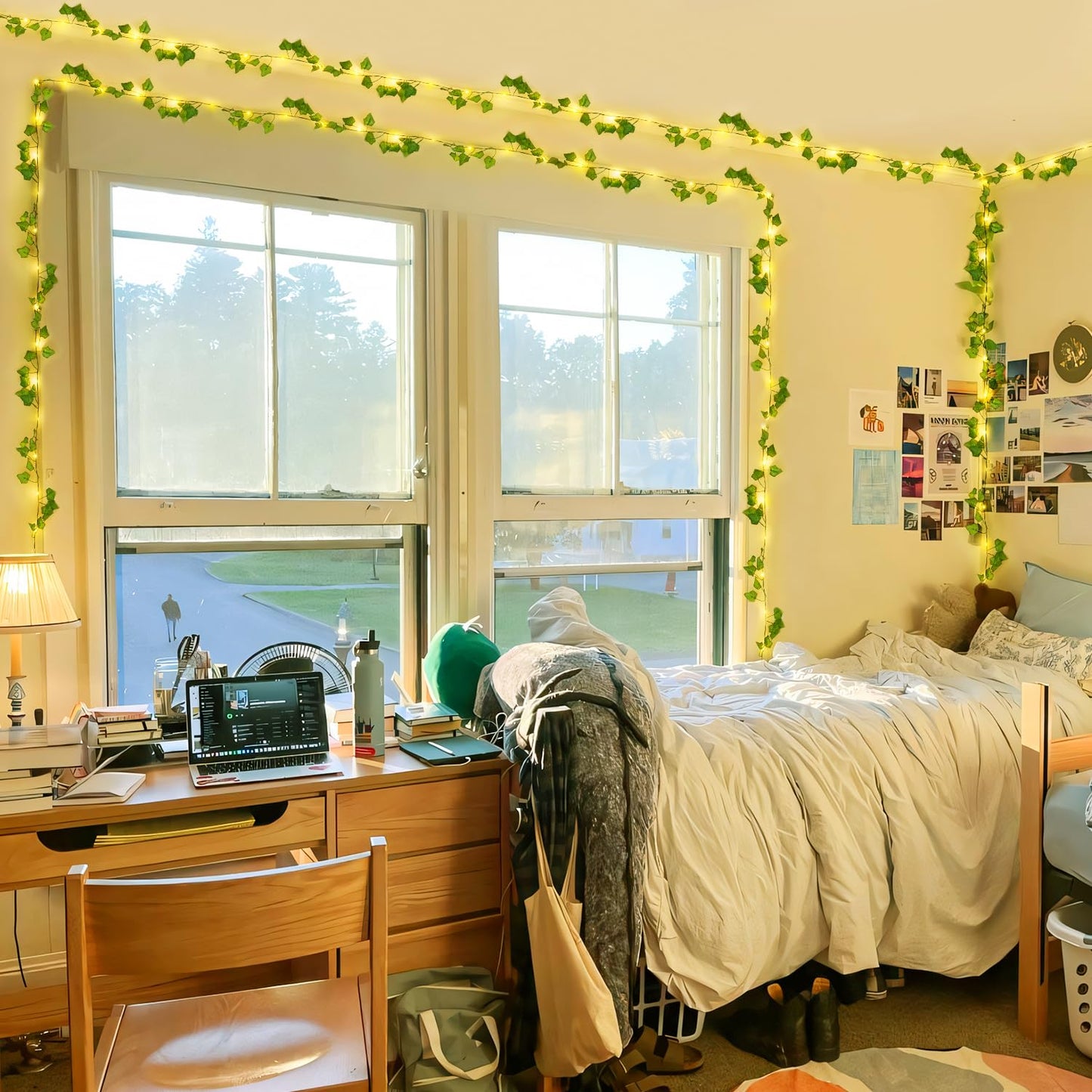 JMEXSUSS 33Ft Vines with Lights Battery Operated, 100 LED Pothos Leaf Vine Lights for Bedroom Wall Room Party Wedding Decoration (Warm White)