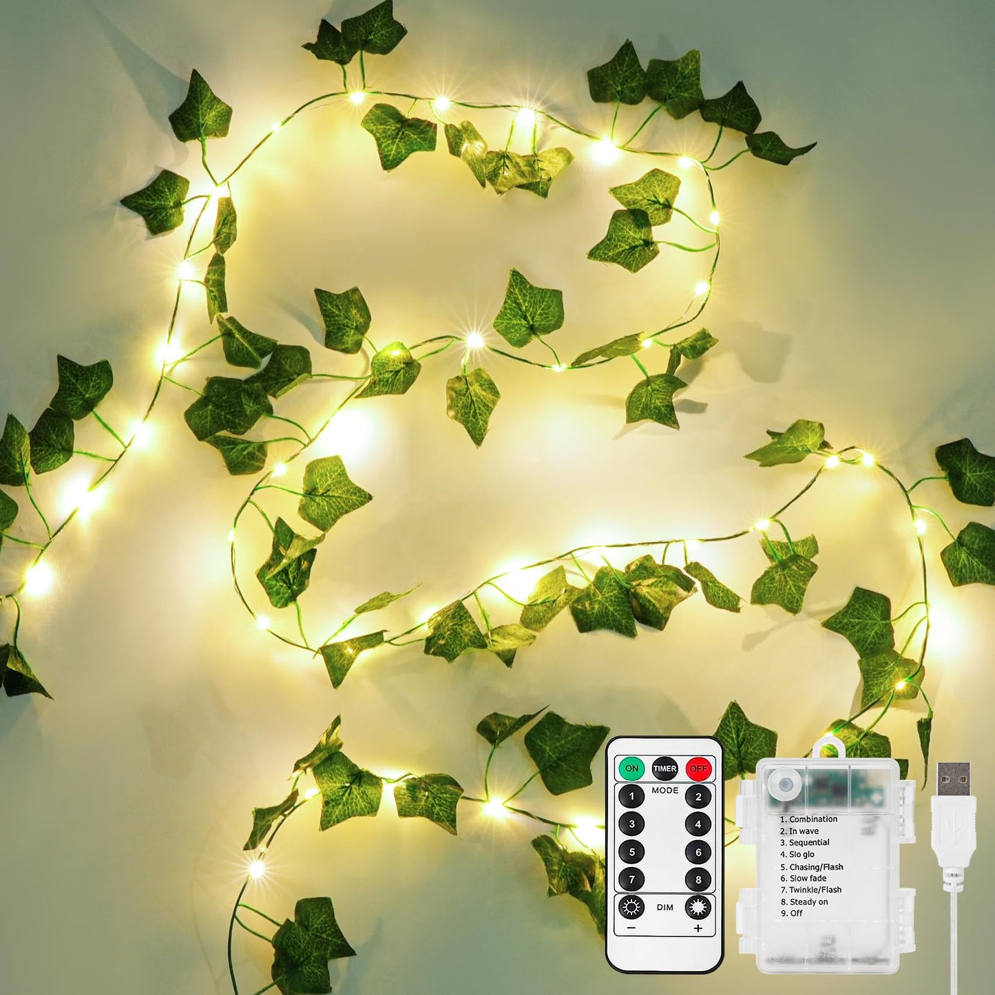 KASZOO 33ft 100 LED Vine with Fairy Lights with Remote, Fake Vines String Lights Battery/USB Operated, Ivy Garland, Leaf Lights for Bedroom Garden Party Wall Room Decor