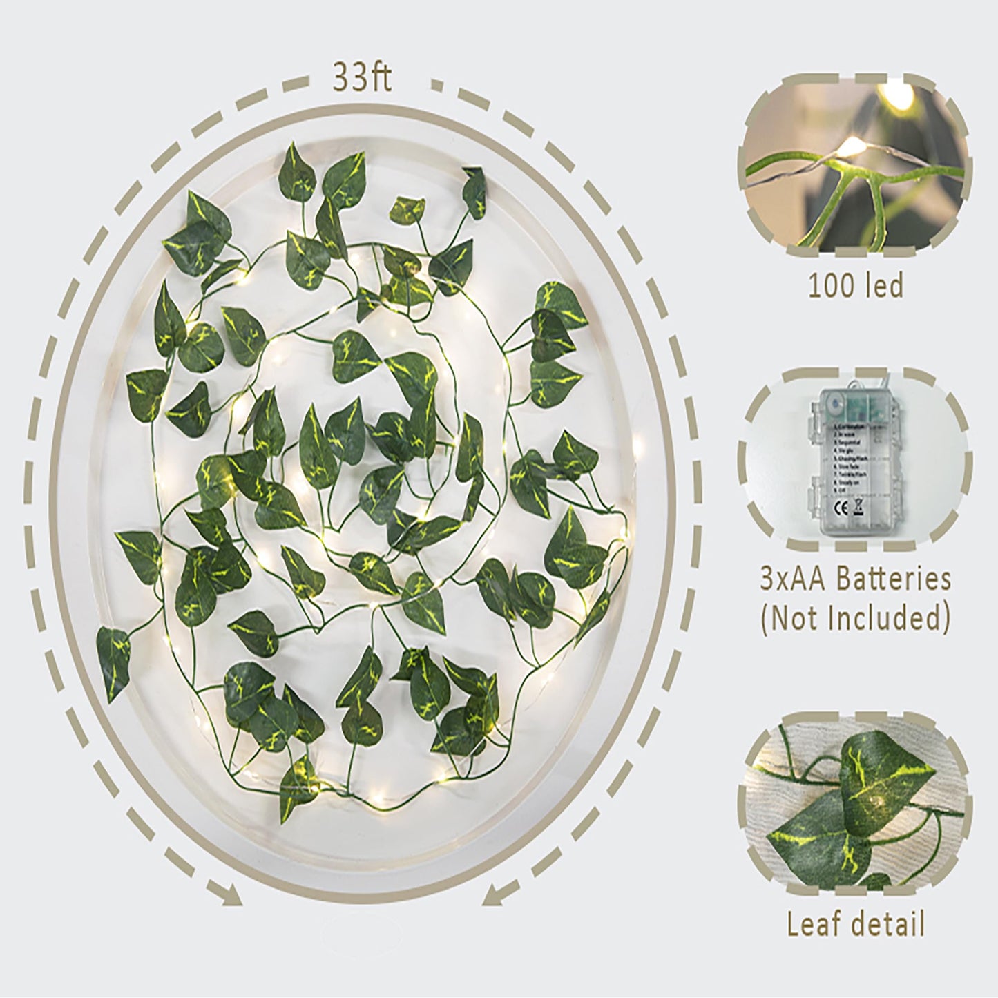 33 Ft Vine with Pothos String Lights Battery Operated, 8 Flashing Model Waterproof 100 LEDs Artifical Ivy Leaves Vine String Light for Garland Bedroom Wedding Party Holiday Patio Decor