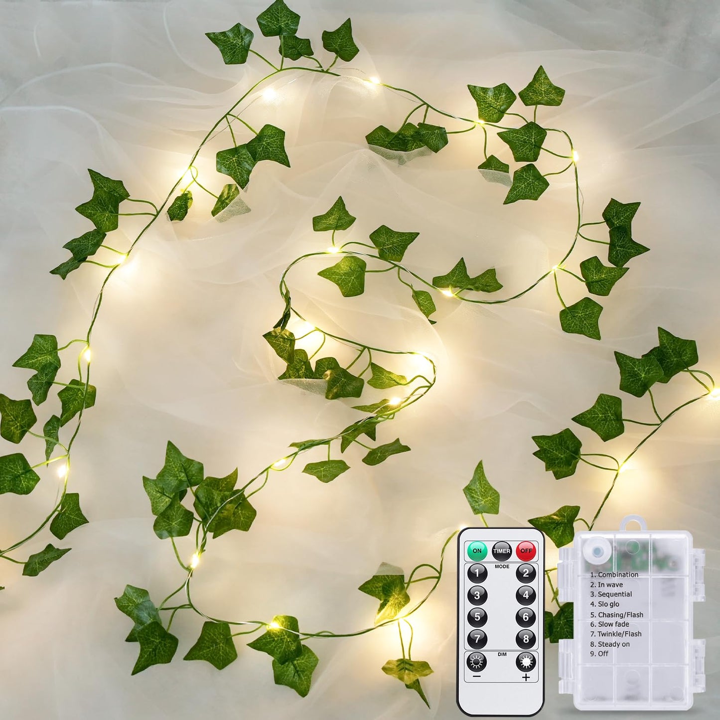 JMEXSUSS 33Ft Vines with Lights Battery Operated, 100 LED Pothos Leaf Vine Lights for Bedroom Wall Room Party Wedding Decoration (Warm White)