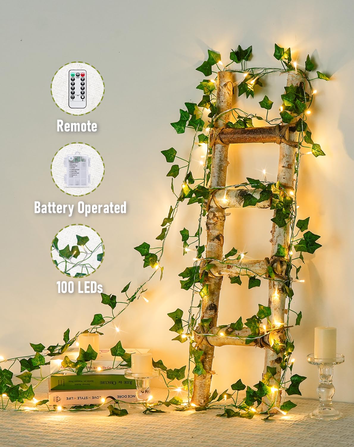 JMEXSUSS 33Ft Vines with Lights Battery Operated, 100 LED Pothos Leaf Vine Lights for Bedroom Wall Room Party Wedding Decoration (Warm White)