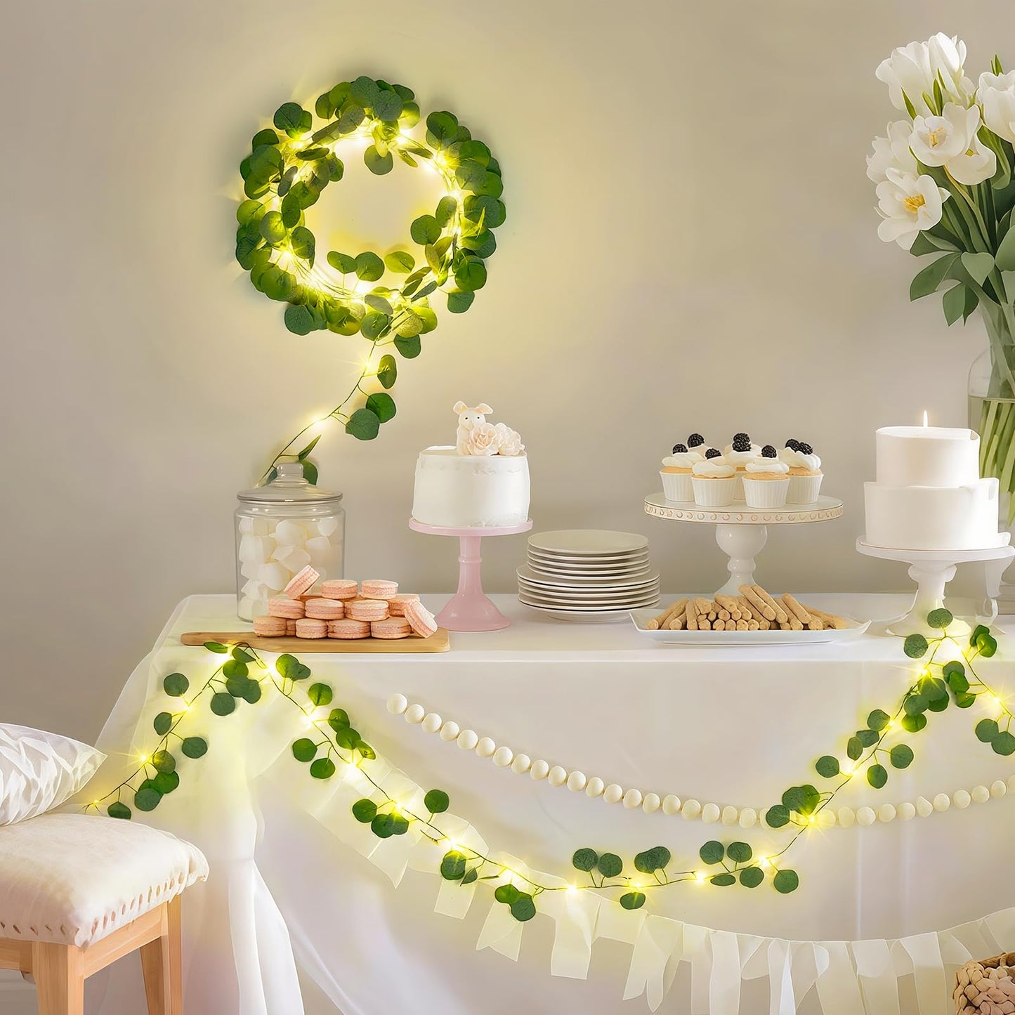 JMEXSUSS 33Ft Vines with Lights Battery Operated, 100 LED Pothos Leaf Vine Lights for Bedroom Wall Room Party Wedding Decoration (Warm White)