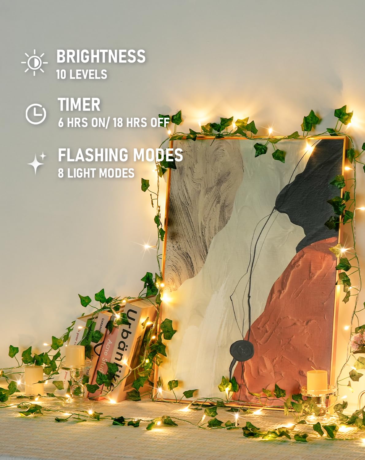 JMEXSUSS 33Ft Vines with Lights Battery Operated, 100 LED Pothos Leaf Vine Lights for Bedroom Wall Room Party Wedding Decoration (Warm White)