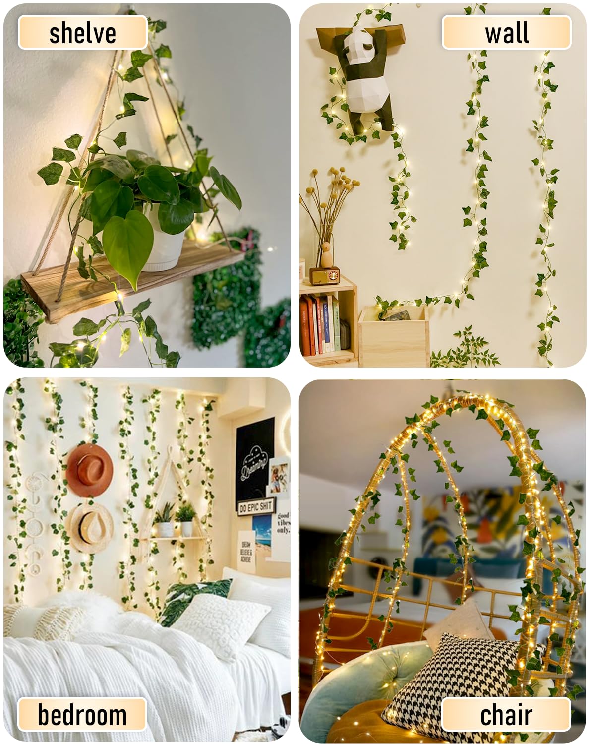 JMEXSUSS 33Ft Vines with Lights Battery Operated, 100 LED Pothos Leaf Vine Lights for Bedroom Wall Room Party Wedding Decoration (Warm White)