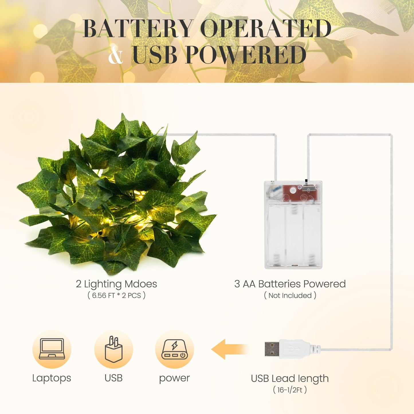 KASZOO 33ft 100 LED Vine with Fairy Lights with Remote, Fake Vines String Lights Battery/USB Operated, Ivy Garland, Leaf Lights for Bedroom Garden Party Wall Room Decor