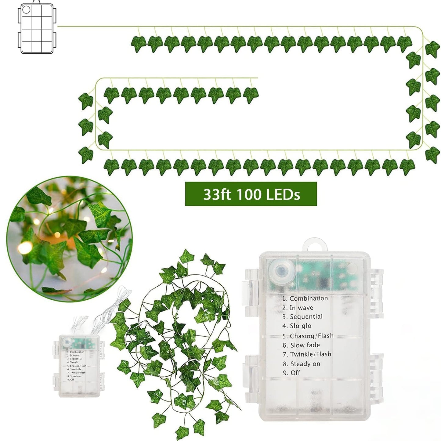 33 Ft Vine with Pothos String Lights Battery Operated, 8 Flashing Model Waterproof 100 LEDs Artifical Ivy Leaves Vine String Light for Garland Bedroom Wedding Party Holiday Patio Decor
