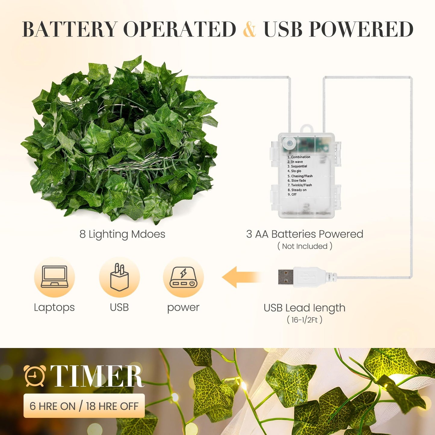 KASZOO 33ft 100 LED Vine with Fairy Lights with Remote, Fake Vines String Lights Battery/USB Operated, Ivy Garland, Leaf Lights for Bedroom Garden Party Wall Room Decor