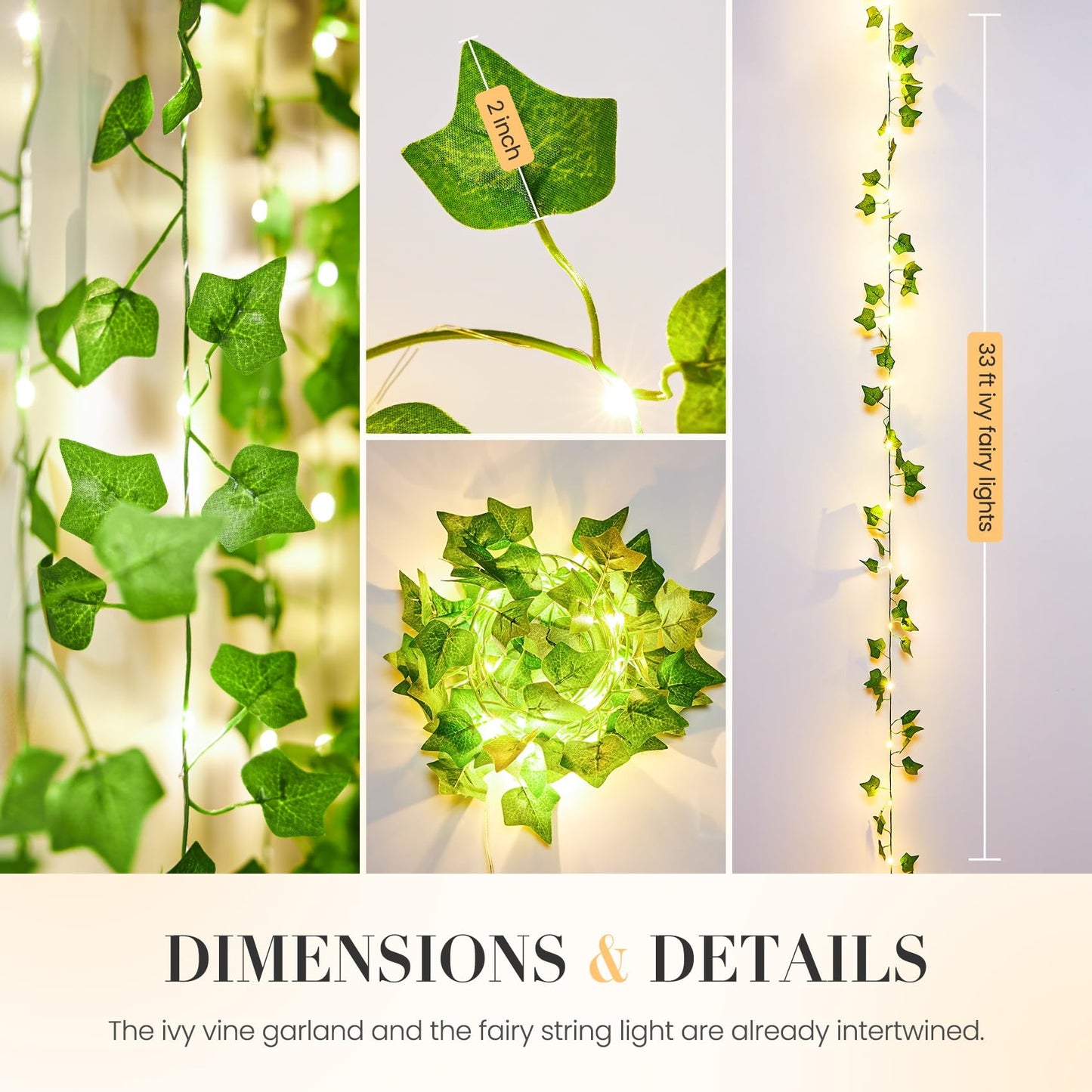 KASZOO 33ft 100 LED Vine with Fairy Lights with Remote, Fake Vines String Lights Battery/USB Operated, Ivy Garland, Leaf Lights for Bedroom Garden Party Wall Room Decor