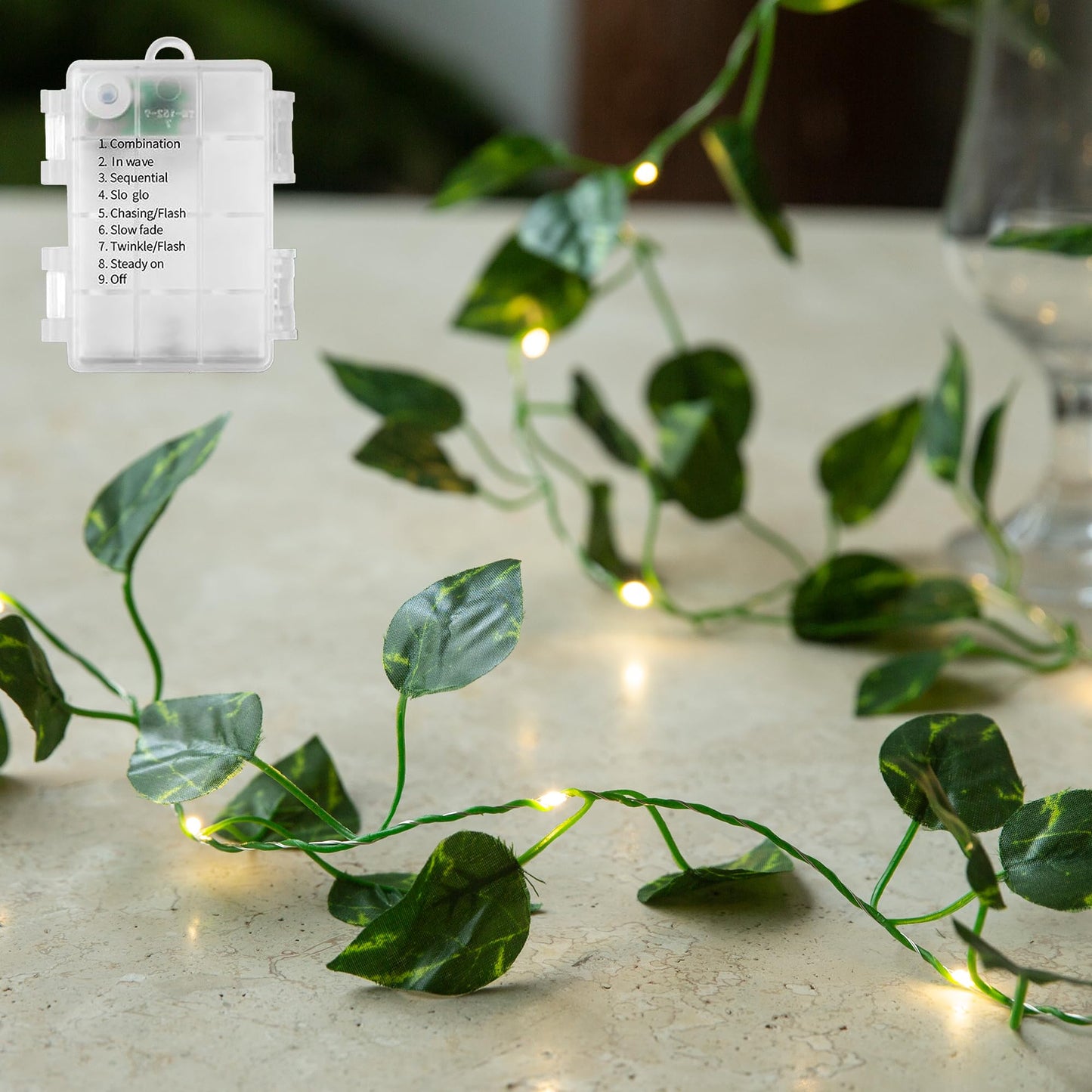33 Ft Vine with Pothos String Lights Battery Operated, 8 Flashing Model Waterproof 100 LEDs Artifical Ivy Leaves Vine String Light for Garland Bedroom Wedding Party Holiday Patio Decor