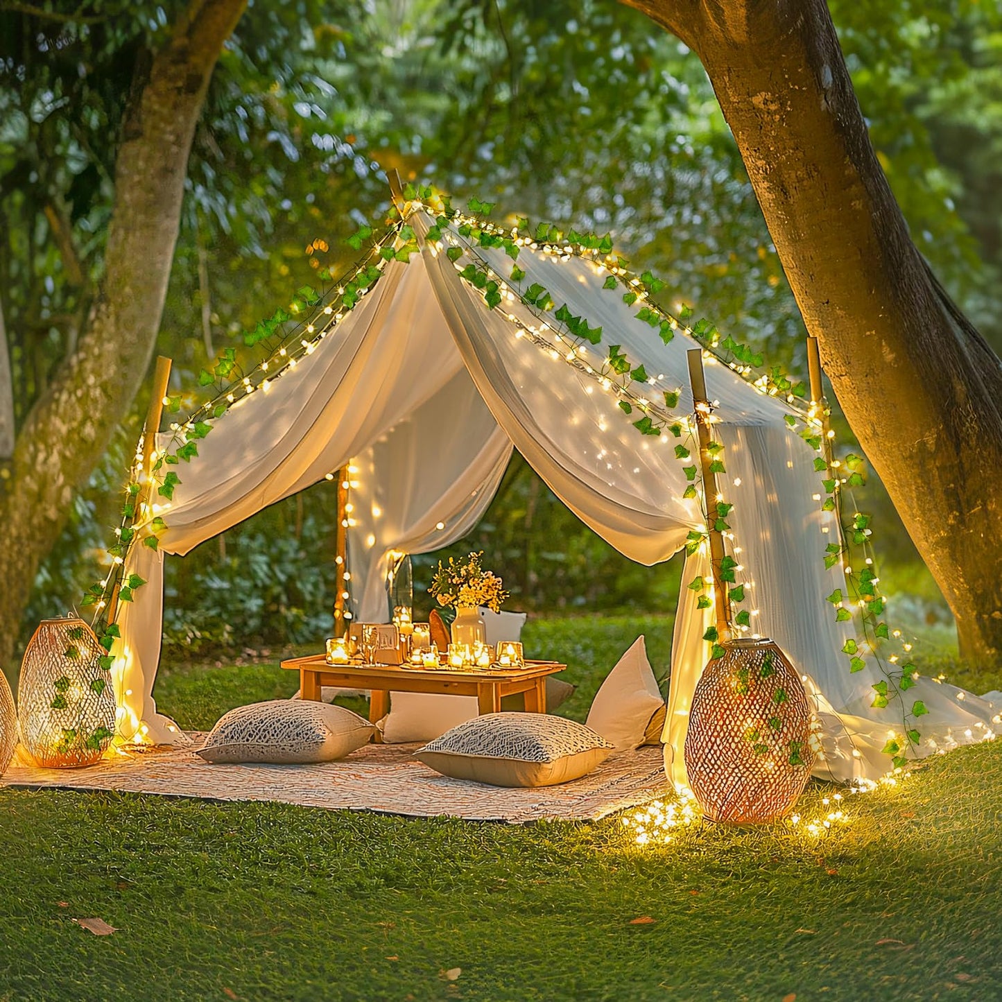 JMEXSUSS 33Ft Vines with Lights Battery Operated, 100 LED Pothos Leaf Vine Lights for Bedroom Wall Room Party Wedding Decoration (Warm White)