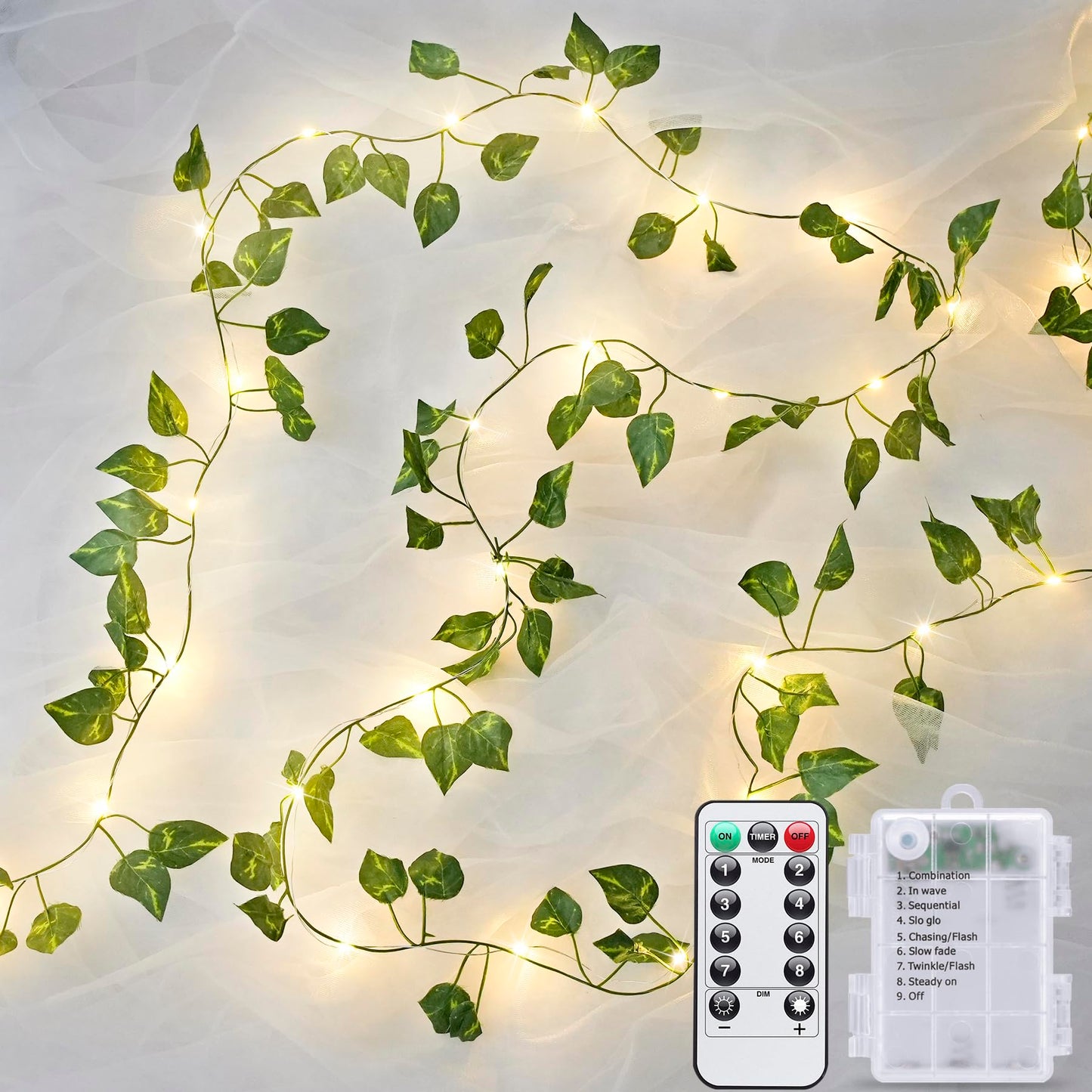 JMEXSUSS 33Ft Vines with Lights Battery Operated, 100 LED Pothos Leaf Vine Lights for Bedroom Wall Room Party Wedding Decoration (Warm White)