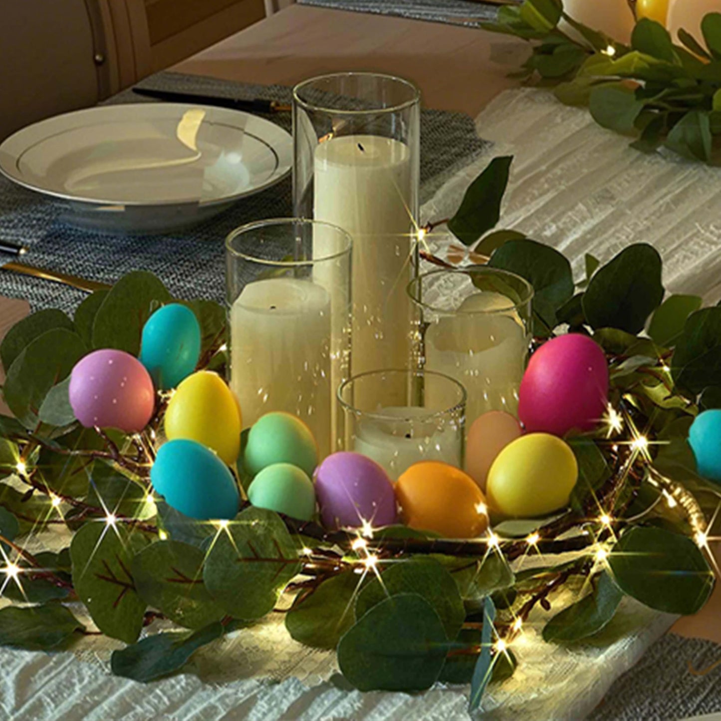 Hairui Lighted Artificial Eucalyptus Garland 6FT 96 LED Battery Operated Faux Vine Lights with Timer for Spring Wedding Backdrop Wall Decor