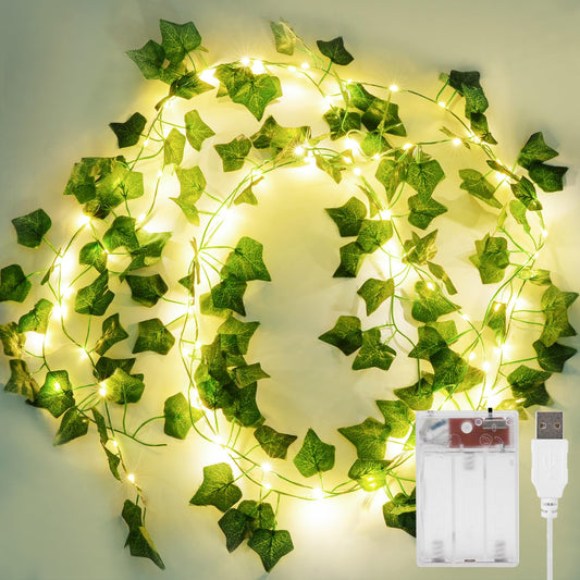 KASZOO 33ft 100 LED Vine with Fairy Lights with Remote, Fake Vines String Lights Battery/USB Operated, Ivy Garland, Leaf Lights for Bedroom Garden Party Wall Room Decor