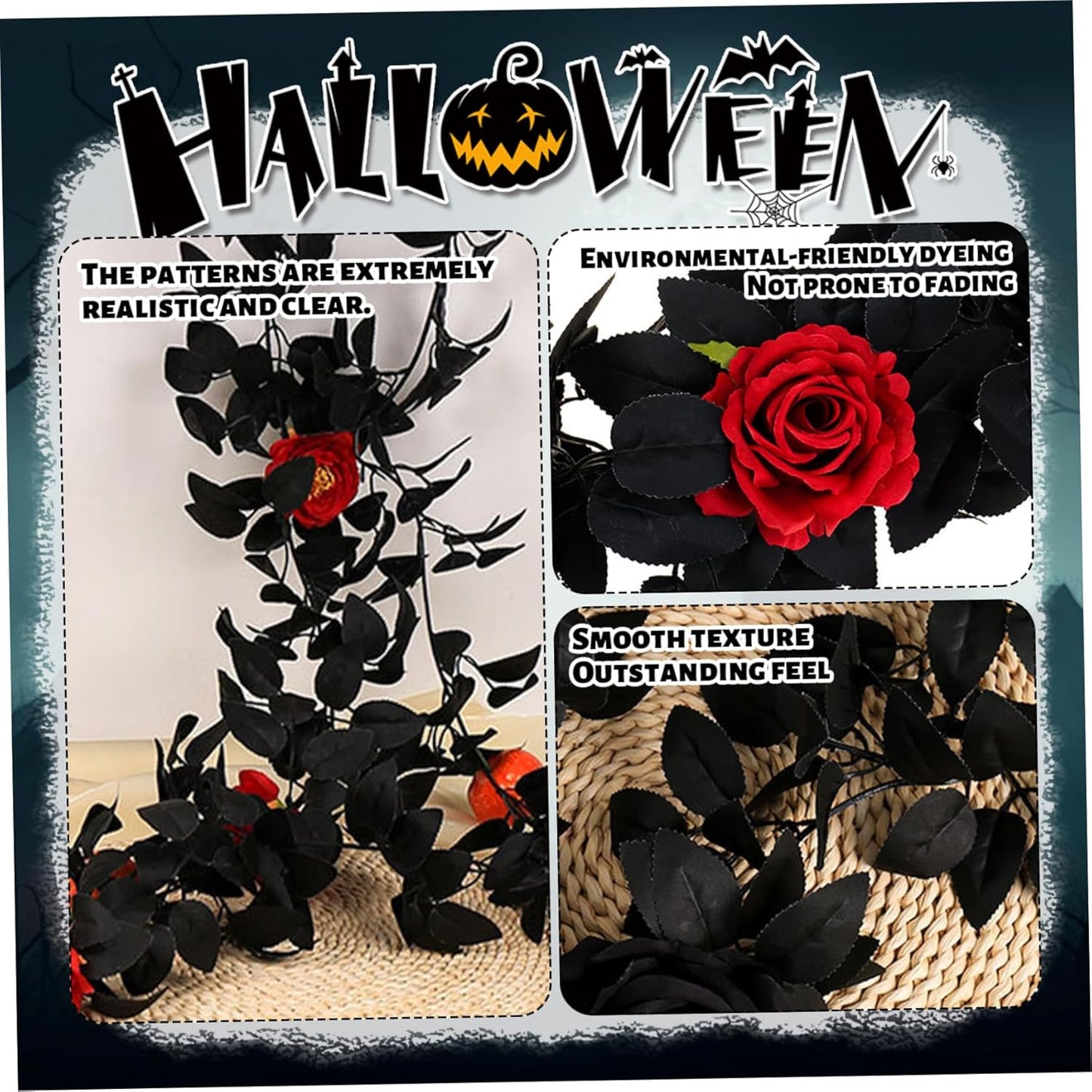 2Pcs Halloween Garlands 5.7ft Artificial Rose Garland with Black Vines Hanging Vine Halloween Decorations for Table Room Party Wall Decor.