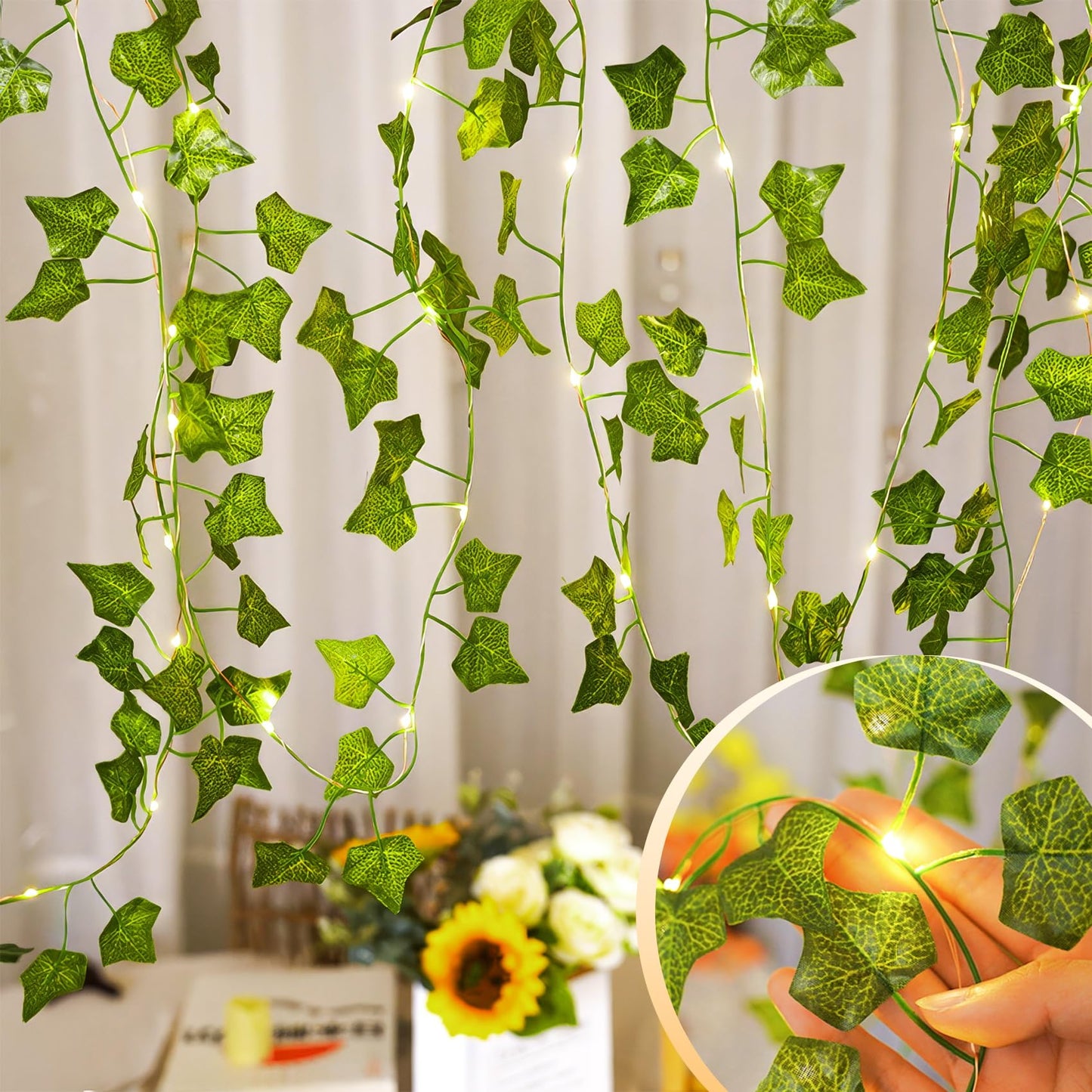 KASZOO 33ft 100 LED Vine with Fairy Lights with Remote, Fake Vines String Lights Battery/USB Operated, Ivy Garland, Leaf Lights for Bedroom Garden Party Wall Room Decor