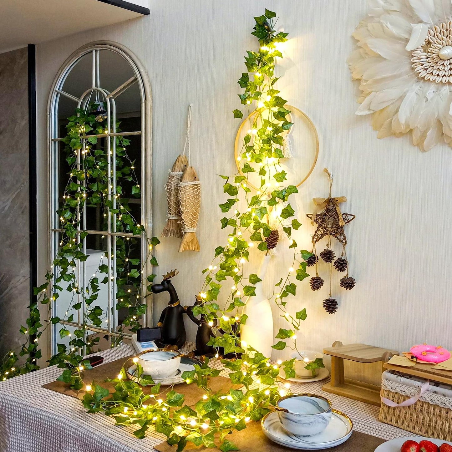 KASZOO 33ft 100 LED Vine with Fairy Lights with Remote, Fake Vines String Lights Battery/USB Operated, Ivy Garland, Leaf Lights for Bedroom Garden Party Wall Room Decor