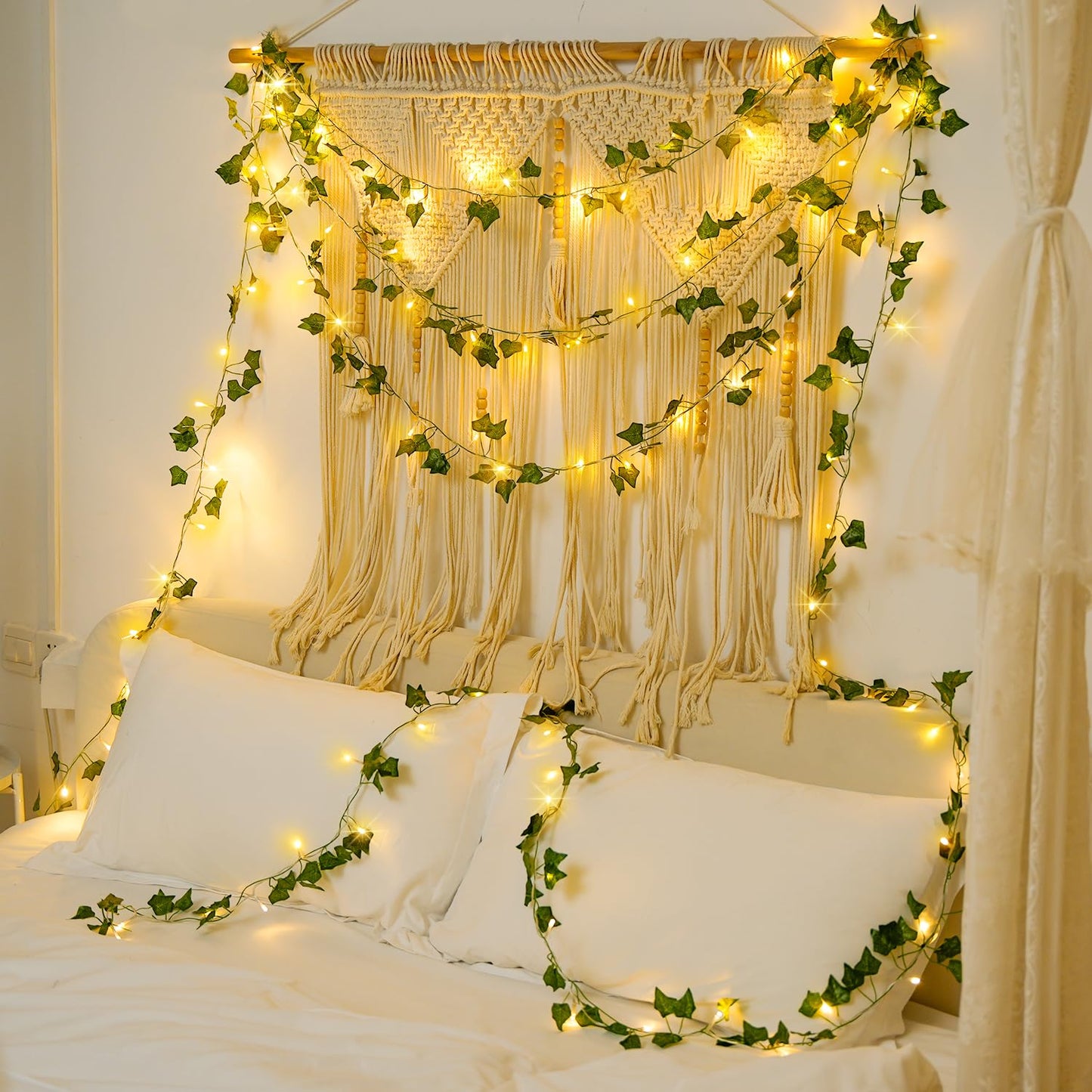 JMEXSUSS 33Ft Vines with Lights Battery Operated, 100 LED Pothos Leaf Vine Lights for Bedroom Wall Room Party Wedding Decoration (Warm White)