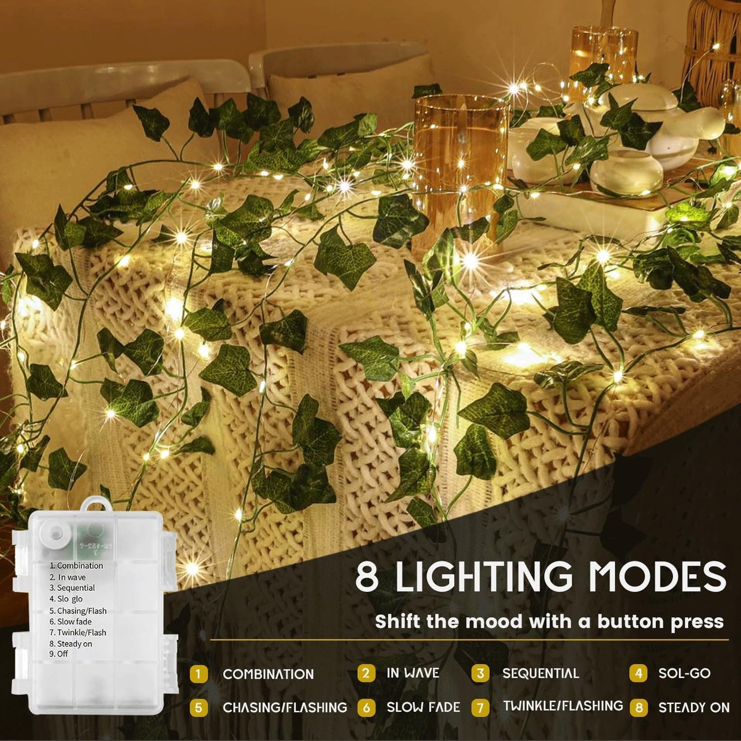 33 Ft Vine with Pothos String Lights Battery Operated, 8 Flashing Model Waterproof 100 LEDs Artifical Ivy Leaves Vine String Light for Garland Bedroom Wedding Party Holiday Patio Decor
