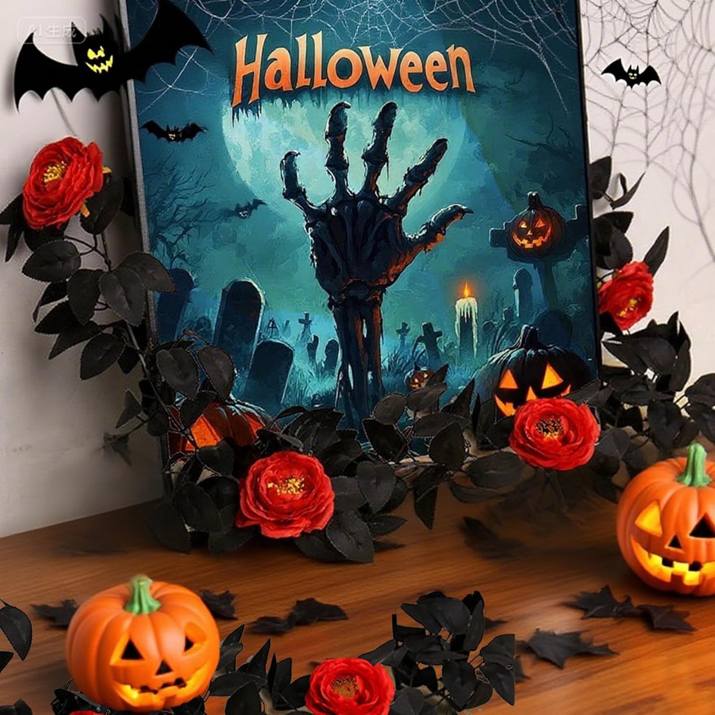 2Pcs Halloween Garlands 5.7ft Artificial Rose Garland with Black Vines Hanging Vine Halloween Decorations for Table Room Party Wall Decor.