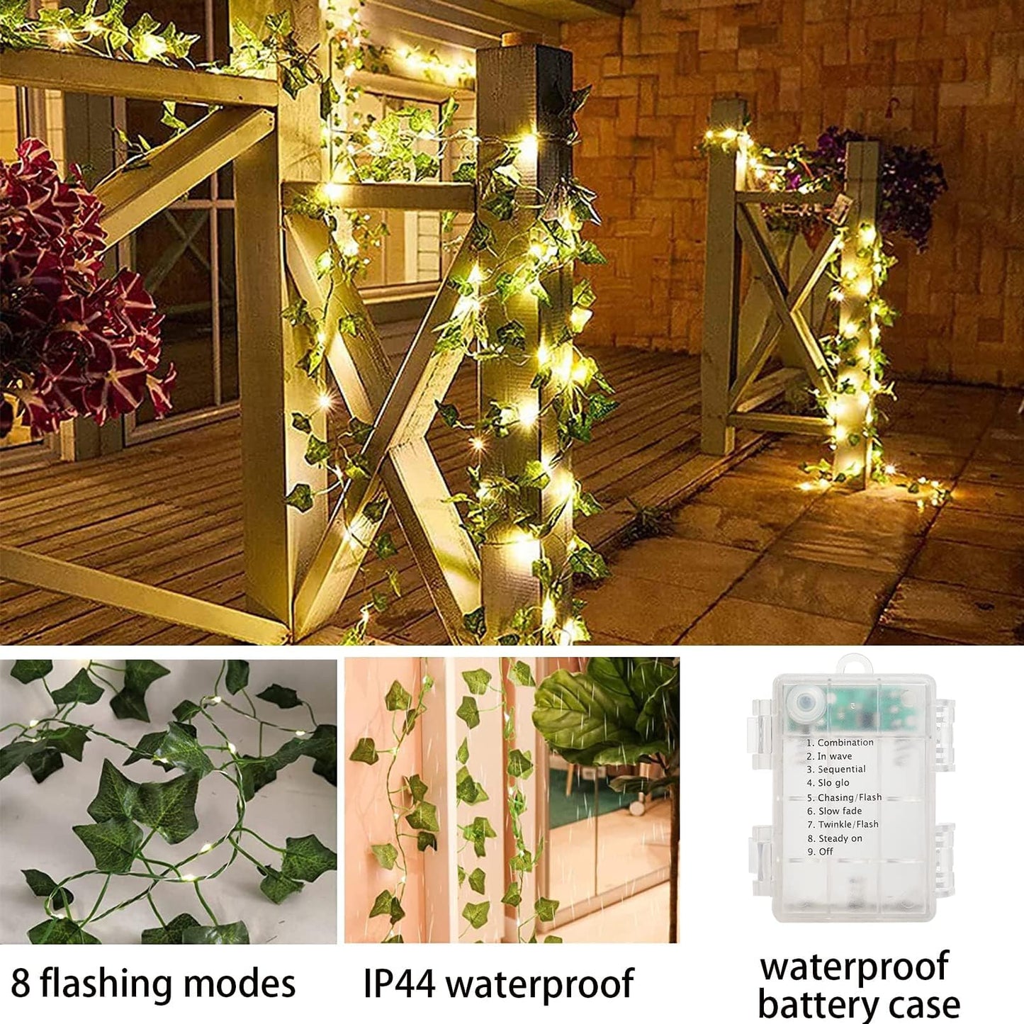 33 Ft Vine with Pothos String Lights Battery Operated, 8 Flashing Model Waterproof 100 LEDs Artifical Ivy Leaves Vine String Light for Garland Bedroom Wedding Party Holiday Patio Decor