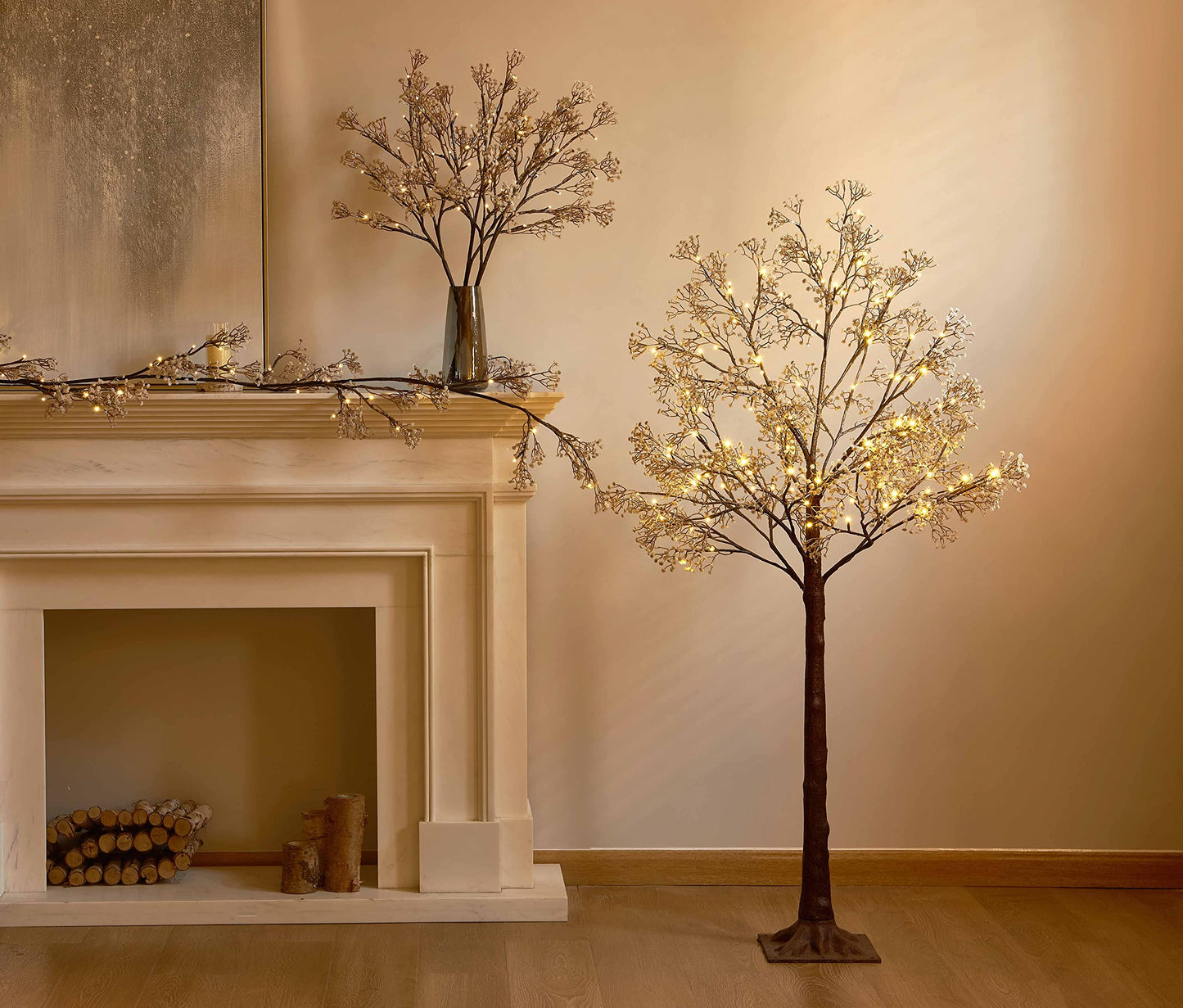 Hairui Lighted Artificial Eucalyptus Garland 6FT 96 LED Battery Operated Faux Vine Lights with Timer for Spring Wedding Backdrop Wall Decor