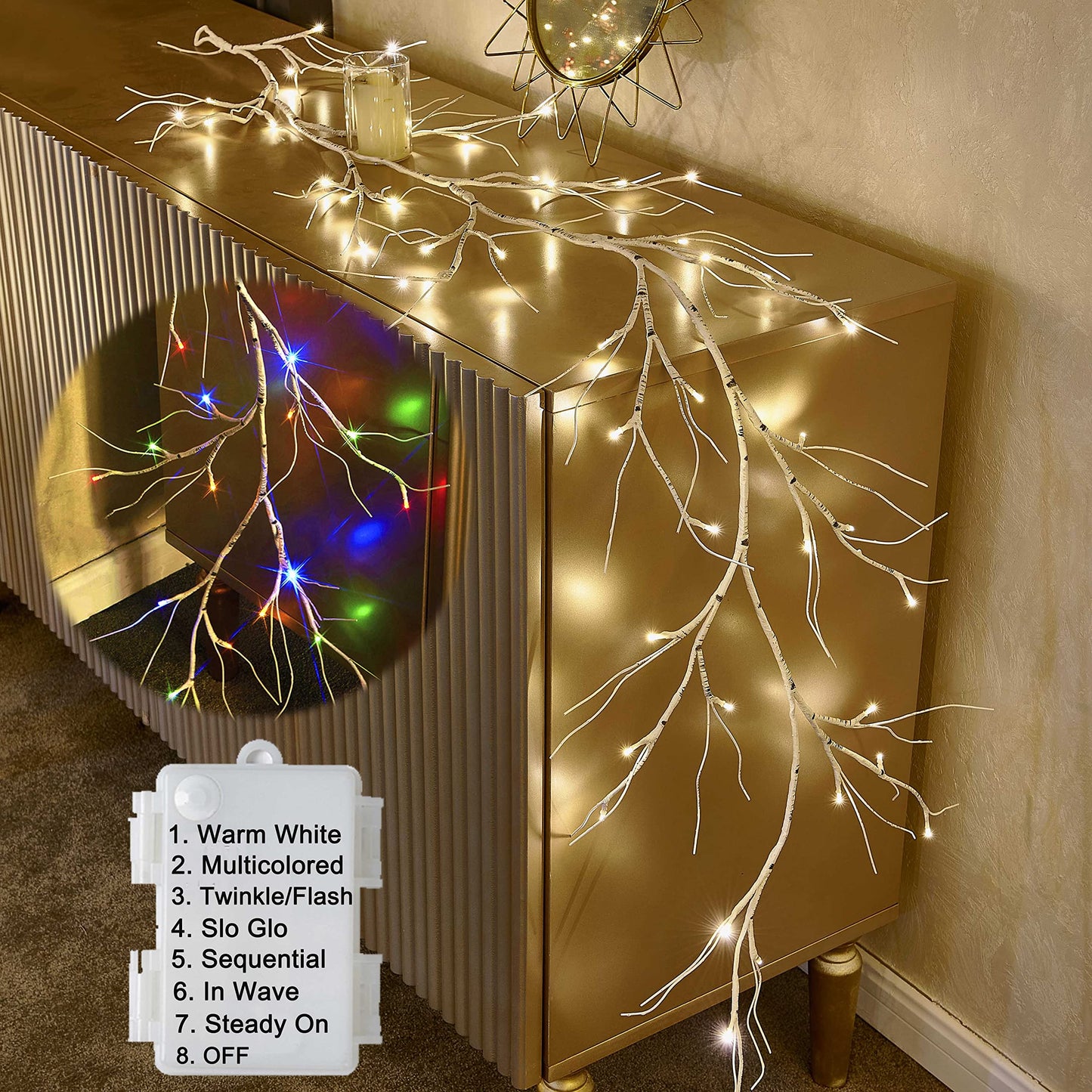 Hairui Lighted Artificial Eucalyptus Garland 6FT 96 LED Battery Operated Faux Vine Lights with Timer for Spring Wedding Backdrop Wall Decor