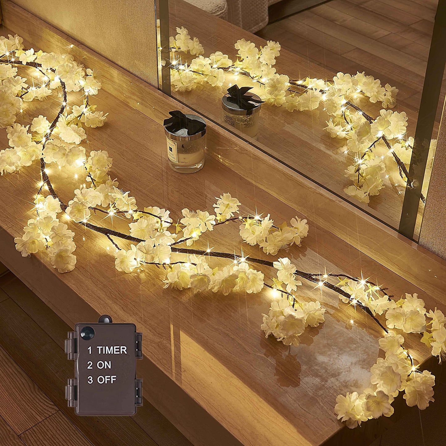 Hairui Lighted Artificial Eucalyptus Garland 6FT 96 LED Battery Operated Faux Vine Lights with Timer for Spring Wedding Backdrop Wall Decor